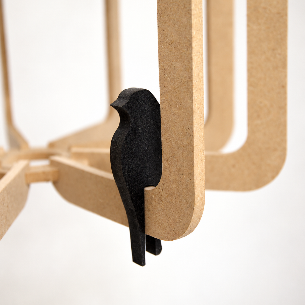 Detail van de zwarte houten vogel op de naturel MDF-constructie van de Bird Ø30 hanglamp.
