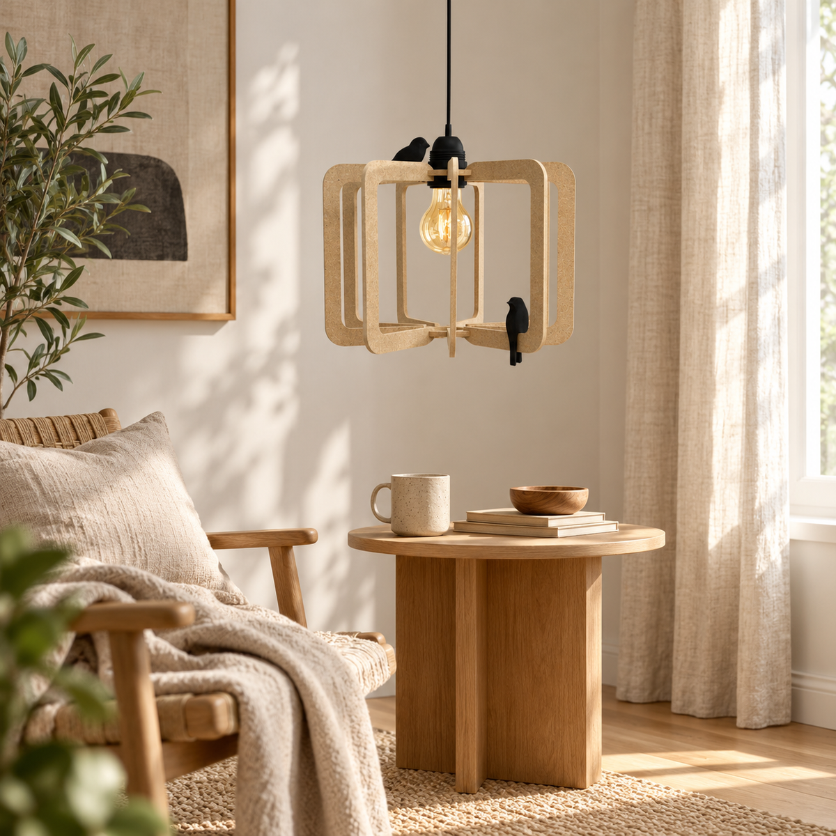 Bird Ø30 houten hanglamp met twee zwarte vogels boven een houten bijzettafel in een rustige Japandi-leeshoek.