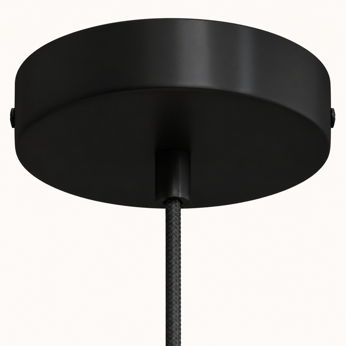 Zwarte metalen plafondkap met twee bevestigingsschroeven en zwarte kabel van de Bird Ø30 hanglamp.