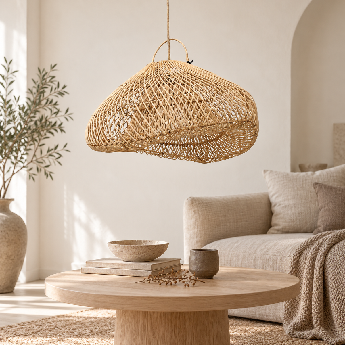 Cloud M lampenkap in een warm Japandi-interieur; kabel en inrichting ter illustratie.