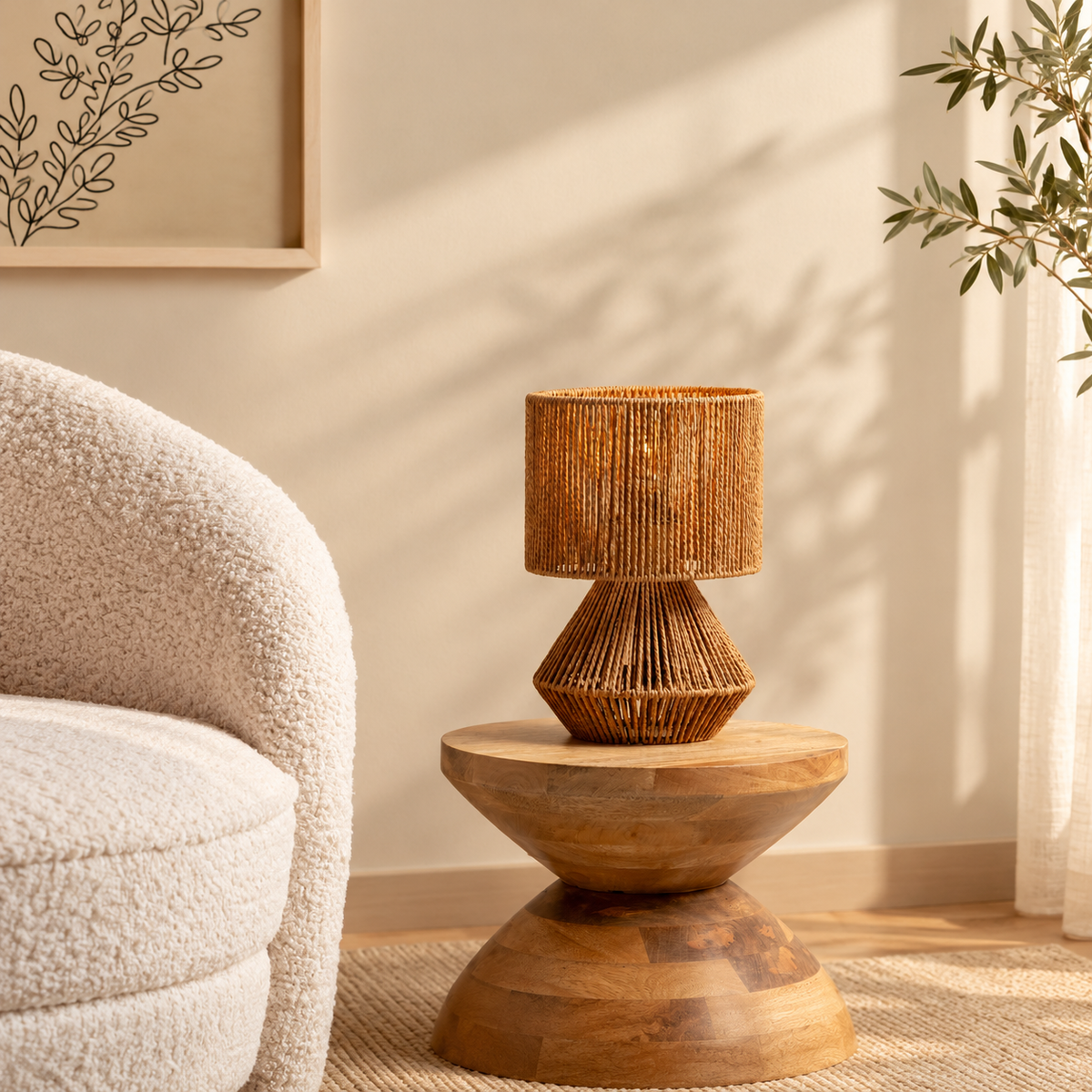 Forma tafellamp op een houten bijzettafel naast een lichte fauteuil
