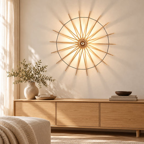 Let’s Twist Again Ø106 houten wandlamp boven een eiken dressoir in een warm Japandi-interieur.