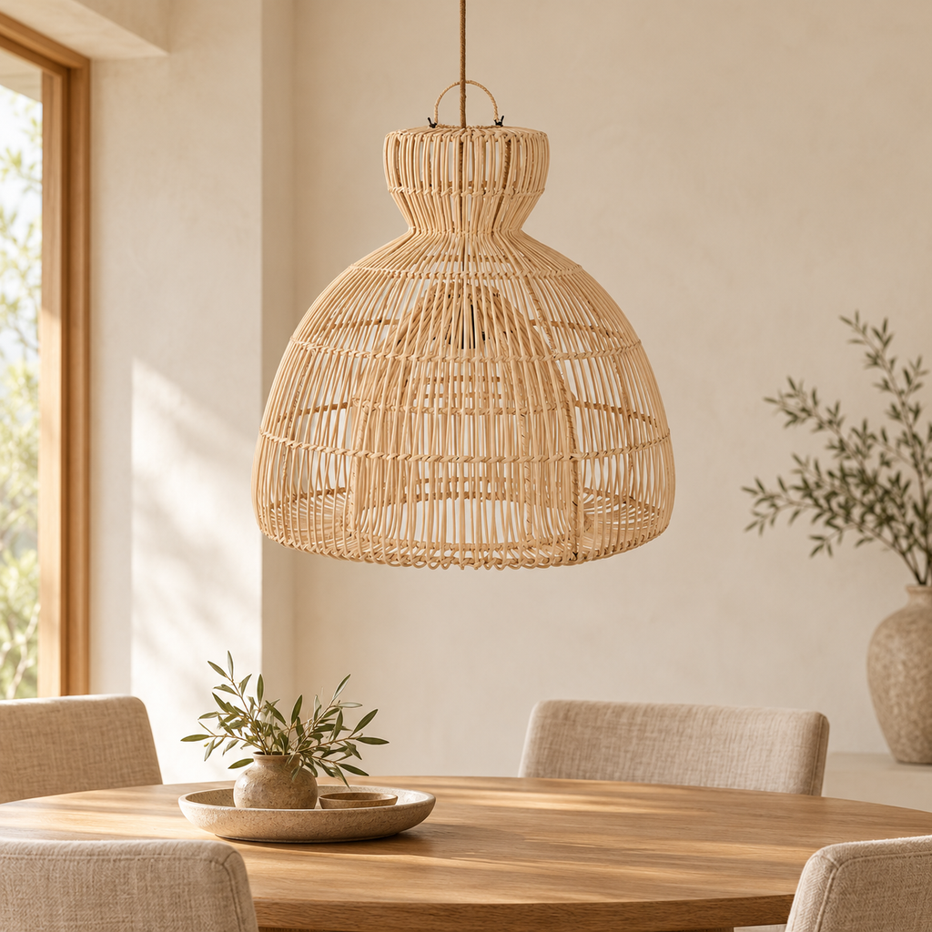 Matcha Whisk M boven een eettafel in Japandi-stijl; kabelset en inrichting ter illustratie.