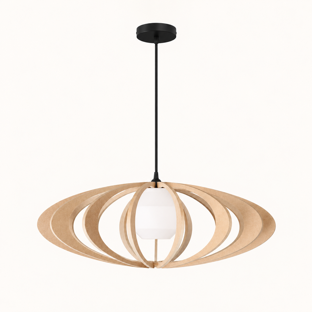 Rolling Ø70 houten hanglamp met zwarte kabel en metalen plafondkap.