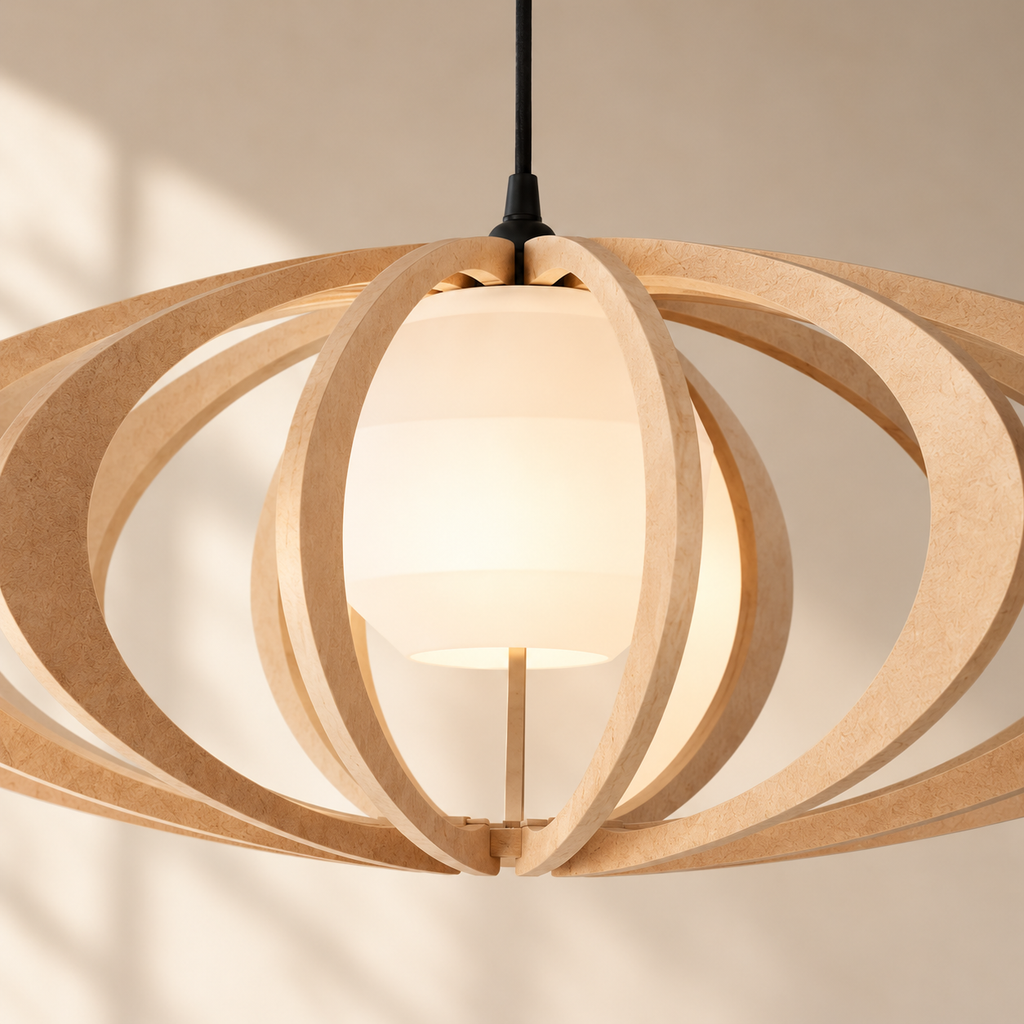 Detail van de gebogen houten stroken en witte diffuser van de Rolling Ø70 hanglamp.
