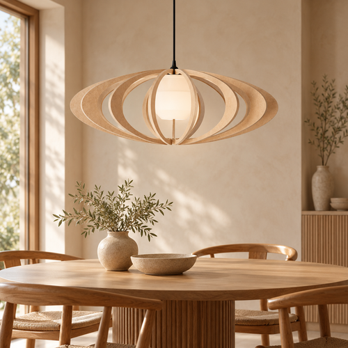 Rolling Ø70 houten hanglamp boven een houten eettafel in een warm Japandi-interieur.