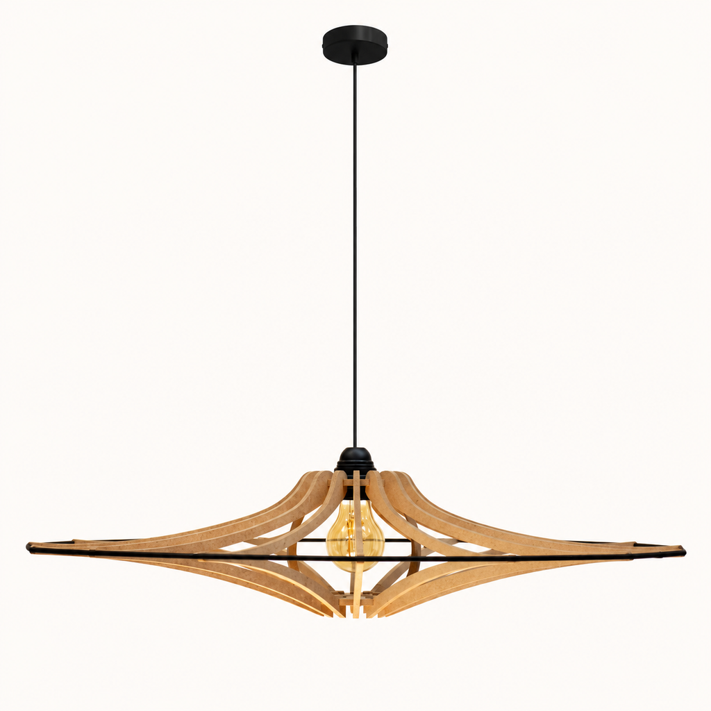 Volledige Singing Ø65 houten hanglamp met open houten kap, zwarte kabel en zwarte metalen plafondkap.