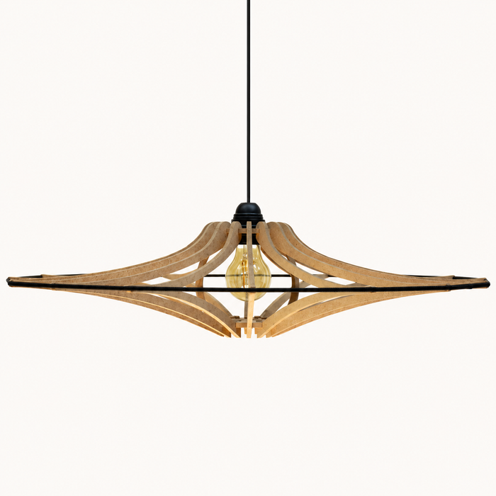 Singing Ø65 houten hanglamp in naturel met open houten constructie, zichtbare lichtbron en zwarte kabel.