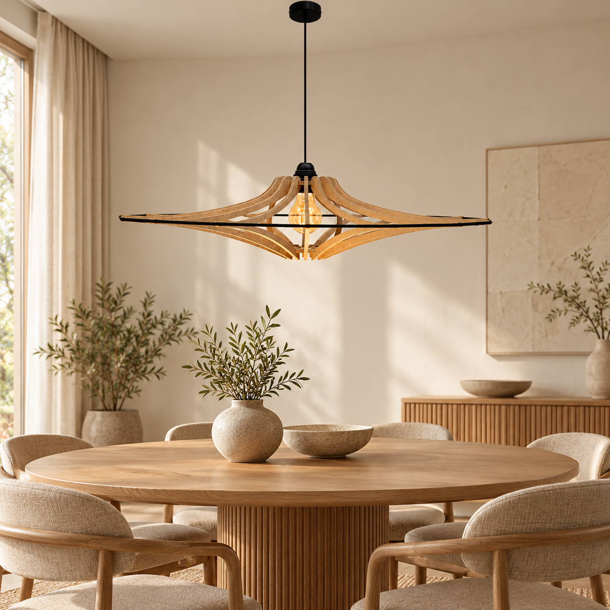 Singing Ø65 houten hanglamp met open kap boven een ronde houten eettafel in een warm Japandi-interieur.