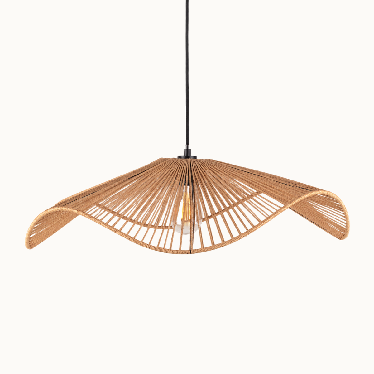 Sombra Ø80 hanglamp van naturel papierkoord met golvende kap en zwarte ophangkabel