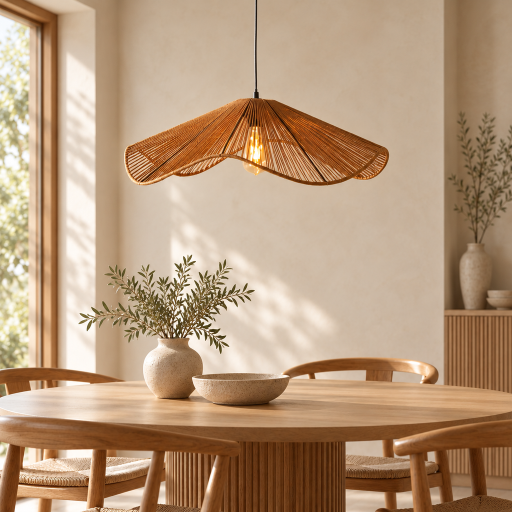 Sombra Ø80 boven een ronde houten eettafel in een lichte Japandi-eetkamer