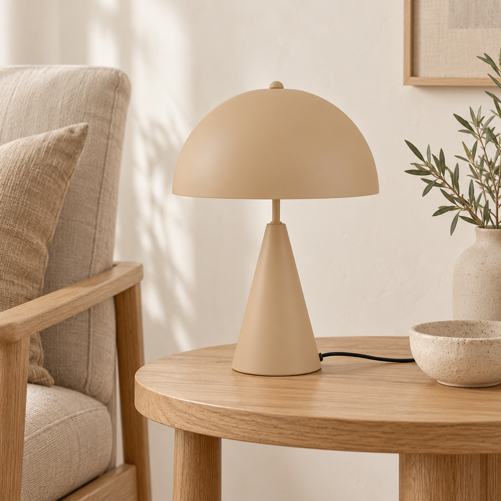 Lattebruine Sublime Small Ø25 tafellamp op een houten bijzettafel naast een linnen fauteuil in een Japandi-leeshoek.