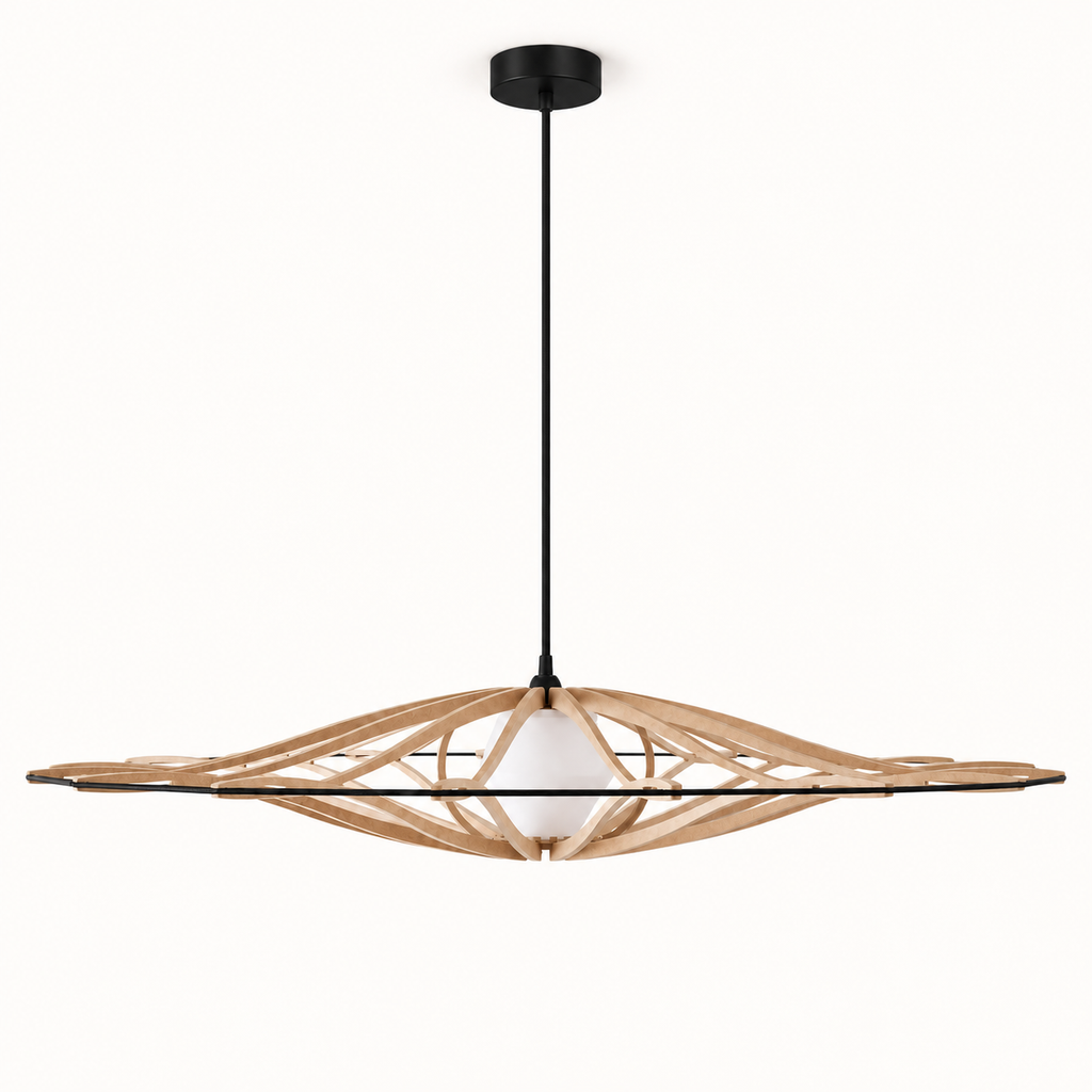 Volledige Twist Ø104 houten hanglamp met witte diffuser, zwarte kabel en zwarte metalen plafondkap.