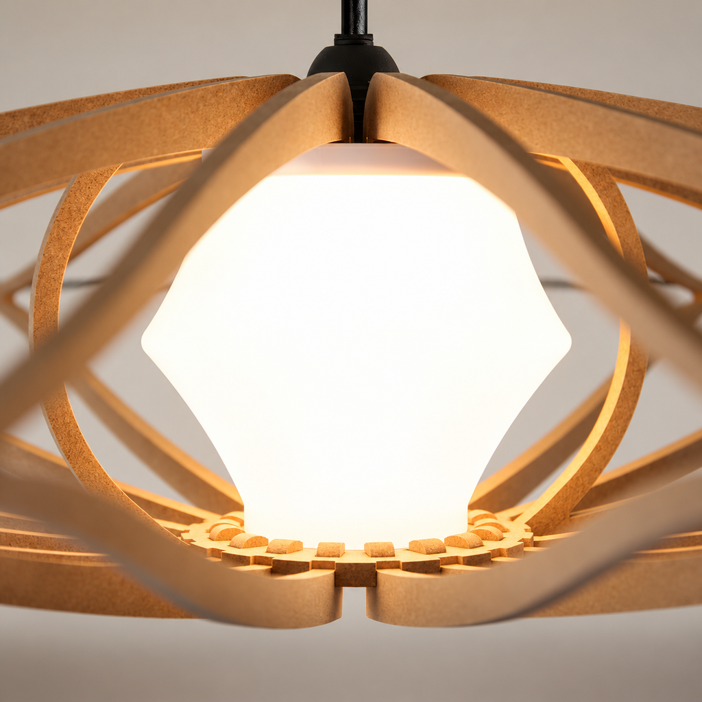 Close-up van de verlichte witte PLA-diffuser en houten verbindingen van de Twist Ø104 hanglamp.