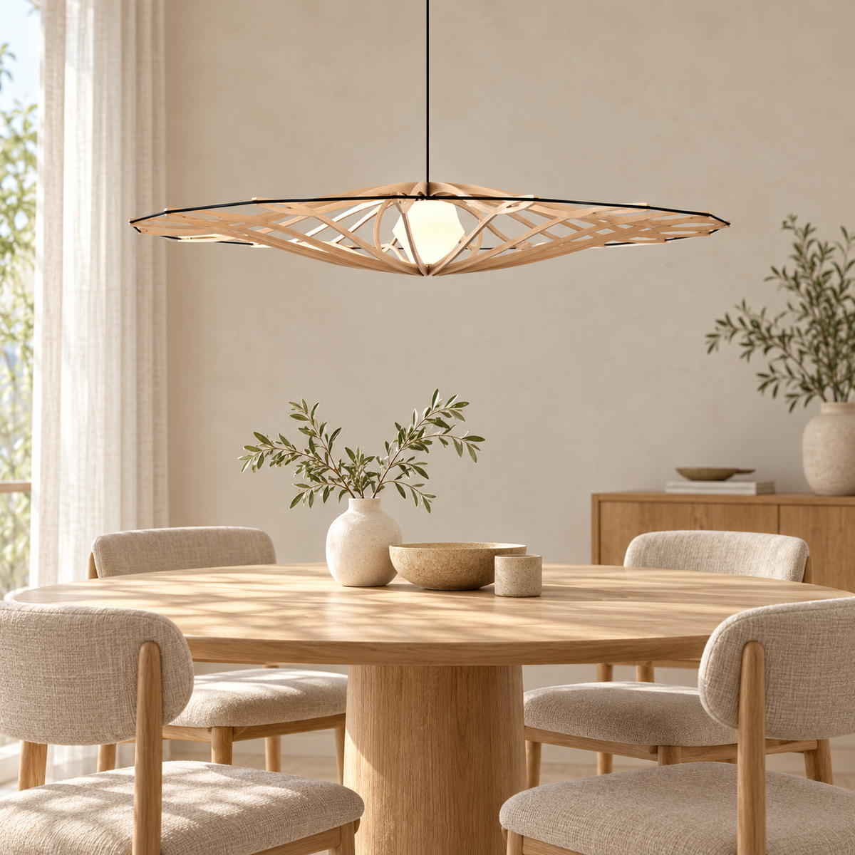 Twist Ø104 houten hanglamp met witte diffuser boven een ronde eettafel in een warme Japandi-eetkamer.
