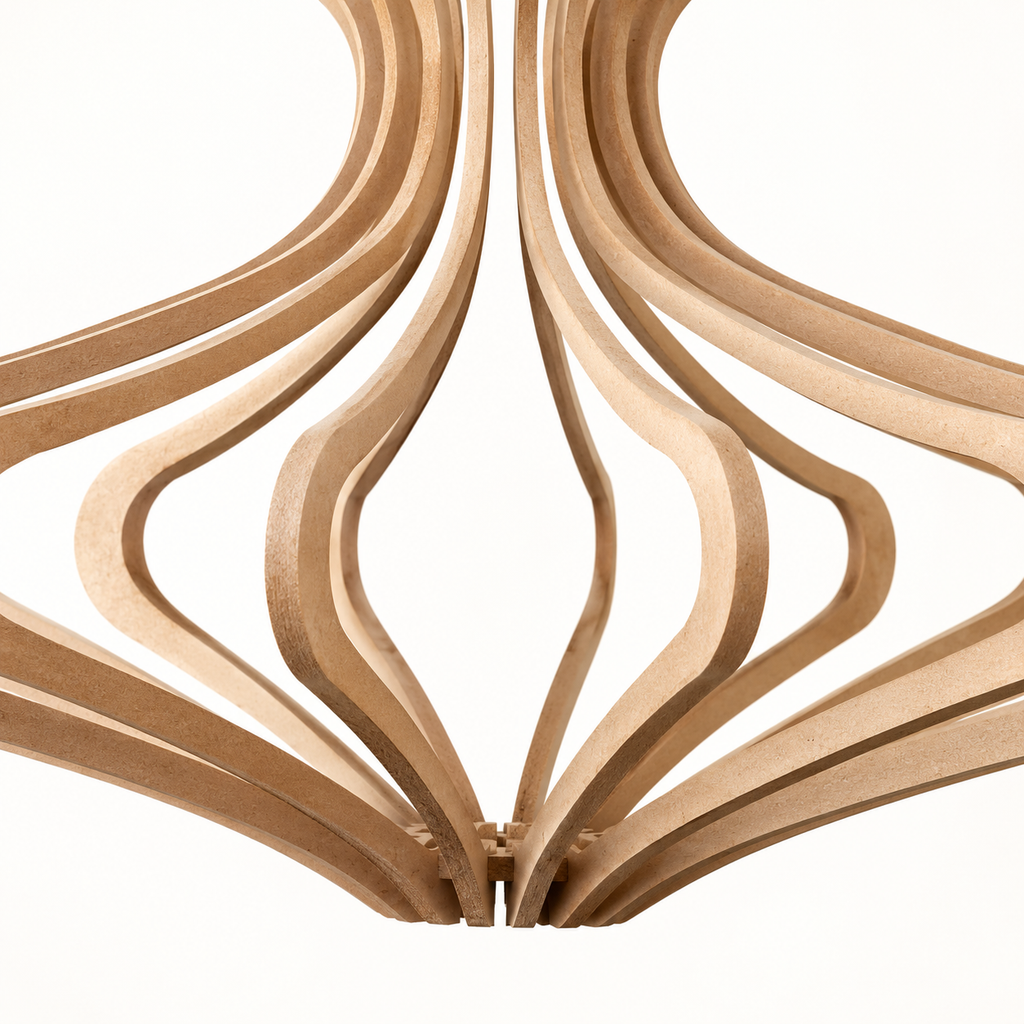 Detail van de gebogen MDF-stroken en onderste verbinding van de Woman Ø83 hanglamp.