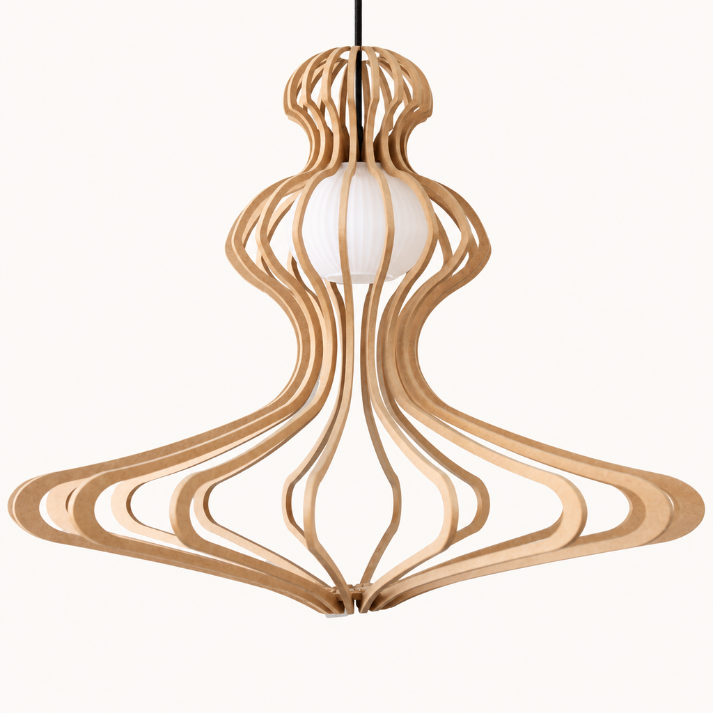 Woman Ø83 houten hanglamp in naturel met witte diffuser en zwarte kabel.