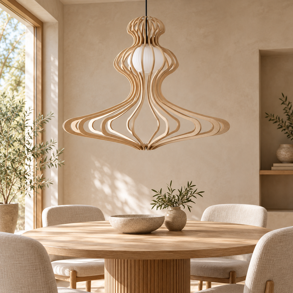 Woman Ø83 houten hanglamp boven een ronde houten eettafel in een rustig Japandi-interieur.