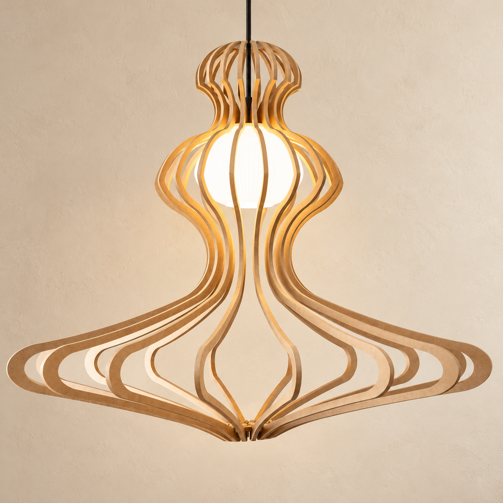 Woman Ø83 houten hanglamp met ingeschakelde lichtbron achter de witte diffuser.