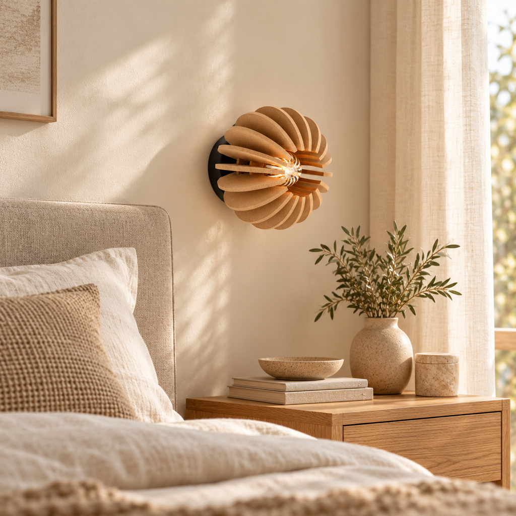 Wrecking Ball Ø20 wandlamp van naturel MDF in een warme Japandi-slaapkamer.